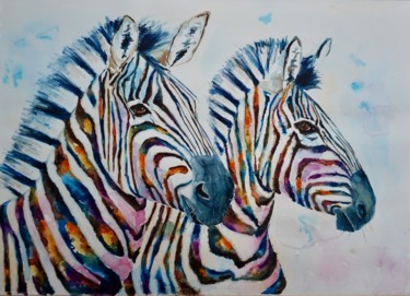 Pittura intitolato "Zebra Friendship No…" da Anna Pawlyszyn, Opera d'arte originale, Acquarello