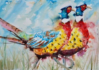 Painting titled "Strutting Pheasants" by Anna Pawlyszyn, Original Artwork, Watercolor