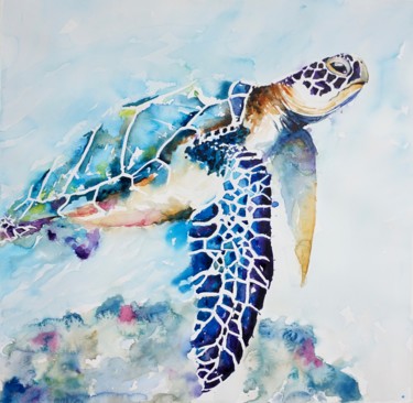 Painting titled "Sea Tutle" by Anna Pawlyszyn, Original Artwork, Watercolor