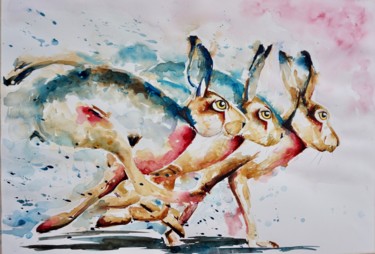 Painting titled "Hares at Full Pelt" by Anna Pawlyszyn, Original Artwork, Watercolor