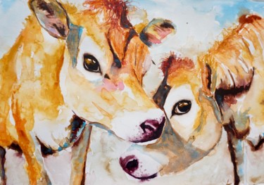 Pittura intitolato "Jersey Cows ‘Lookin…" da Anna Pawlyszyn, Opera d'arte originale, Acquarello