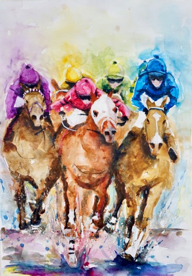 Pittura intitolato "Jockeying for posit…" da Anna Pawlyszyn, Opera d'arte originale, Acquarello