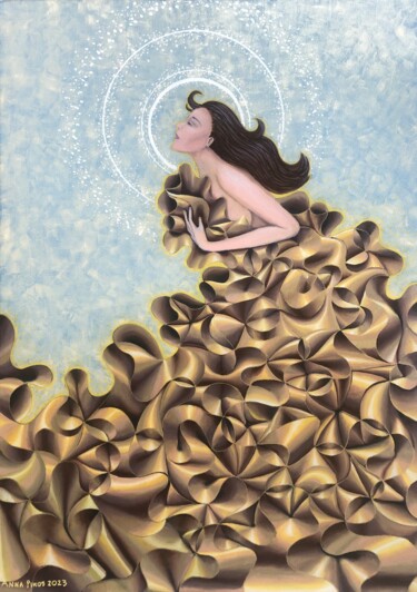 Malarstwo zatytułowany „Złota fala” autorstwa Anna Pikos, Oryginalna praca, Akryl Zamontowany na Drewniana rama noszy