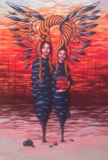 Malarstwo zatytułowany „Podwójny anioł (sio…” autorstwa Anna Pikos, Oryginalna praca, Akryl Zamontowany na Drewniana rama no…