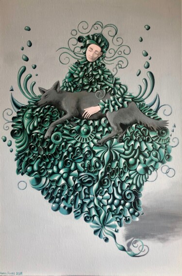 Malarstwo zatytułowany „Melancholia z psem” autorstwa Anna Pikos, Oryginalna praca, Akryl Zamontowany na Drewniana rama noszy