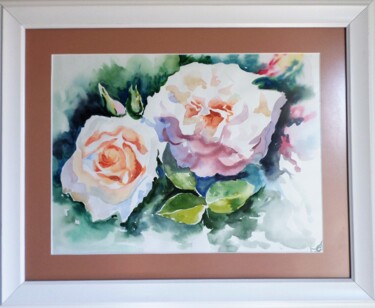 Painting titled "delicate roses" by Anna Polat, Original Artwork, Watercolor Mounted on Wood Stretcher frame