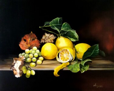 Painting titled "Natura morta con li…" by Anna Rita Angiolelli, Original Artwork, Oil Mounted on Wood Stretcher frame