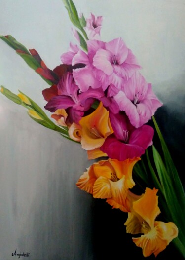 Painting titled "Gladioli" by Anna Rita Angiolelli, Original Artwork, Oil Mounted on Wood Stretcher frame
