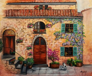 Painting titled "Casa con glicine" by Anna Rita Angiolelli, Original Artwork, Oil Mounted on Wood Stretcher frame