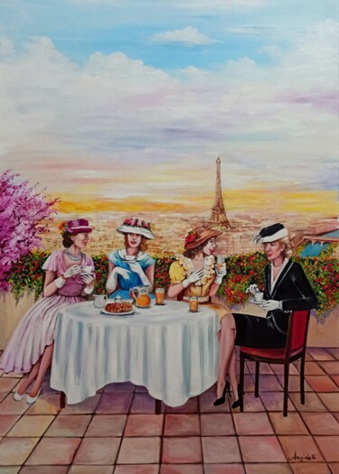 Painting titled "Colazione a Parigi" by Anna Rita Angiolelli, Original Artwork, Oil Mounted on Wood Stretcher frame