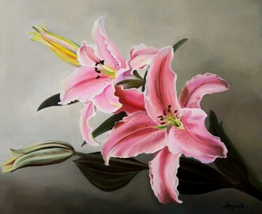 Painting titled "Gigli rosa" by Anna Rita Angiolelli, Original Artwork, Oil Mounted on Wood Stretcher frame