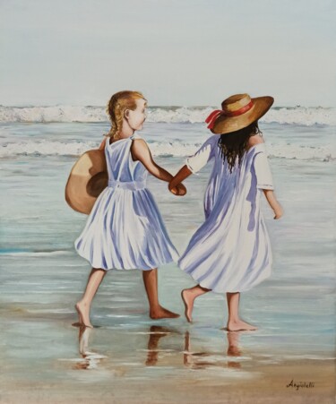 Painting titled "On the beach" by Anna Rita Angiolelli, Original Artwork, Oil Mounted on Wood Stretcher frame