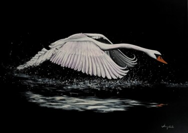 Painting titled "The swan" by Anna Rita Angiolelli, Original Artwork, Oil Mounted on Wood Stretcher frame