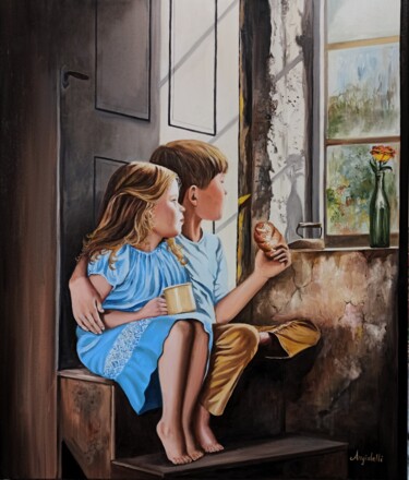 Painting titled "Little brothers" by Anna Rita Angiolelli, Original Artwork, Oil Mounted on Wood Stretcher frame