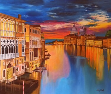Painting titled "Riflessi sul Canal…" by Anna Rita Angiolelli, Original Artwork, Oil Mounted on Wood Stretcher frame