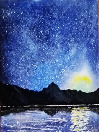 Картина под названием "Ночь звёзды горы" - Анна Роготнева, Подлинное произведение искусства, Акварель