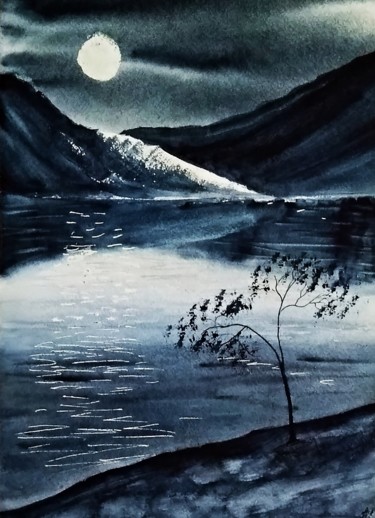 Картина под названием "Лунная ночь в горах" - Анна Роготнева, Подлинное произведение искусства, Акварель