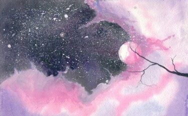 Peinture intitulée "Лунная ночь, Розовы…" par Anna Rogotneva, Œuvre d'art originale, Aquarelle