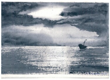 Картина под названием "Одинокая лодка" - Анна Роготнева, Подлинное произведение искусства, Акварель