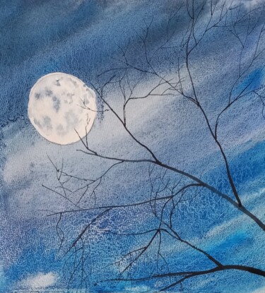 Картина под названием "Лунная ночь 2" - Анна Роготнева, Подлинное произведение искусства, Акварель
