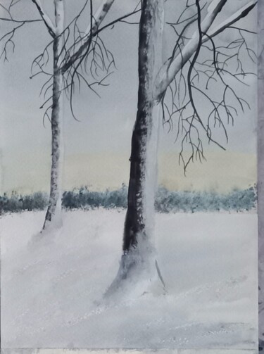 Peinture intitulée "Снежное утро" par Anna Rogotneva, Œuvre d'art originale, Aquarelle