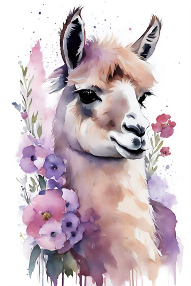Painting titled "Lama" by Anna Russo, Original Artwork, Watercolor