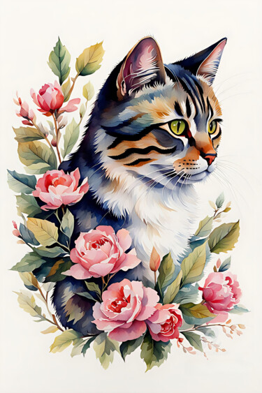 Digital Arts titled "A cat in flowers #1" by Anna Russo, Original Artwork, 2D Digital Work