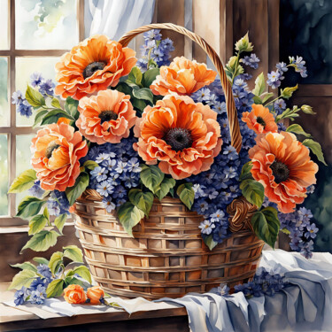 Painting titled "Poppies in a basket" by Anna Russo, Original Artwork, Tempera Mounted on Wood Panel