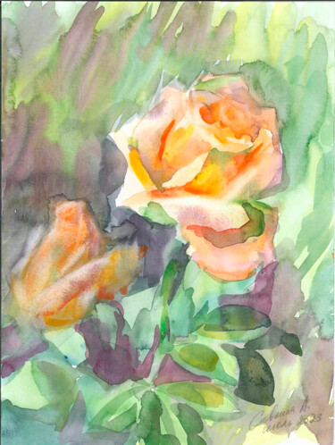 Pittura intitolato "Чайная роза" da Anna Savkina, Opera d'arte originale, Acquarello