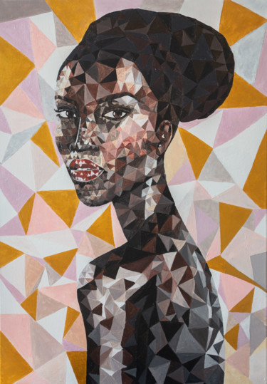 Картина под названием "Polygonal african w…" - Boystoys, Подлинное произведение искусства, Акрил Установлен на Деревянная ра…