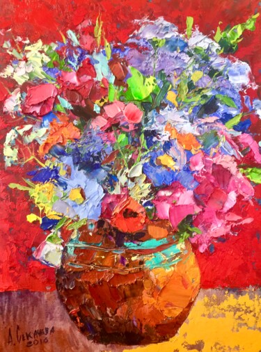 Flower Pot Vase Blooms Original Art modern Abstract still life painting light green, red Small art Flowers Painting floral painting