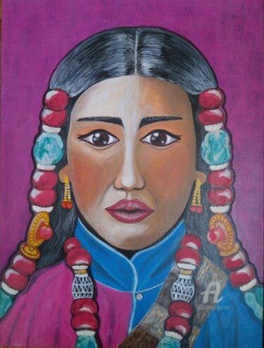 Pintura titulada "woman Tibet" por Anna Serebrenoya, Obra de arte original, Acrílico