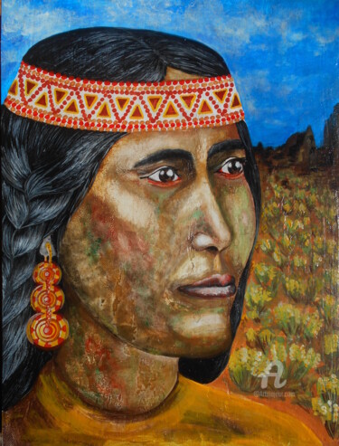 Pintura intitulada "native portrait gir…" por Anna Serebrenoya, Obras de arte originais, Acrílico