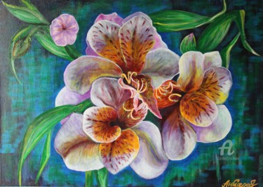 Painting titled "purple orchids" by Anna Serebrenoya, Original Artwork, Acrylic