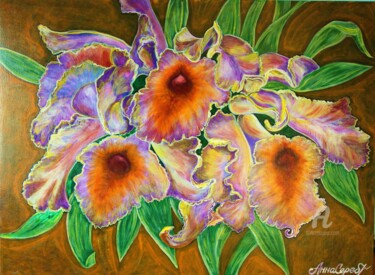 Painting titled "purple-orange orchi…" by Anna Serebrenoya, Original Artwork, Acrylic