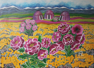 Painting titled "flowers field" by Anna Serebrenoya, Original Artwork, Acrylic