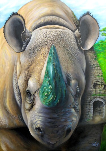 Painting titled "Shadow of white rino" by Anna Shabalova, Original Artwork, Oil Mounted on Wood Stretcher frame