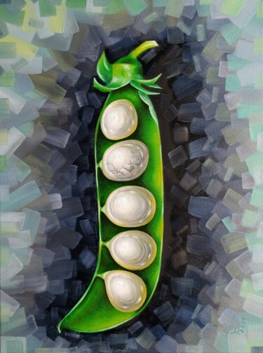 Schilderij getiteld "Little pea" door Anna Shabalova, Origineel Kunstwerk, Olie Gemonteerd op Frame voor houten brancard