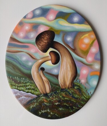 Painting titled "Mushroom family" by Anna Shabalova, Original Artwork, Oil Mounted on Wood Stretcher frame