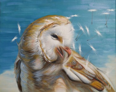 Painting titled "Owl" by Anna Shabalova, Original Artwork, Oil Mounted on Wood Stretcher frame
