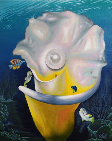 Painting titled "Underwater calla" by Anna Shabalova, Original Artwork, Oil Mounted on Wood Stretcher frame