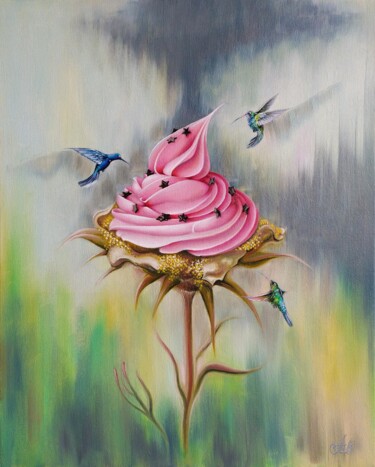 Painting titled "Surreal flower and…" by Anna Shabalova, Original Artwork, Oil Mounted on Wood Stretcher frame