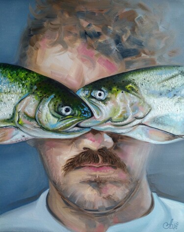 Painting titled "You don't like fish…" by Anna Shabalova, Original Artwork, Oil Mounted on Wood Stretcher frame
