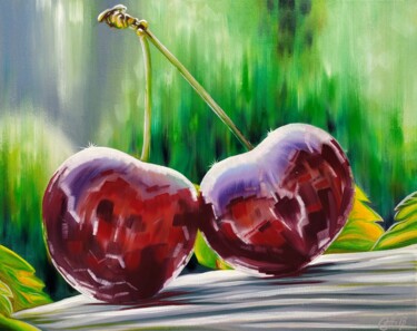 Painting titled "Cherries" by Anna Shabalova, Original Artwork, Oil Mounted on Wood Stretcher frame