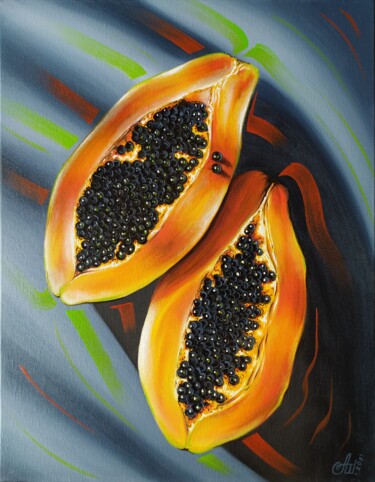 Painting titled "Papaya" by Anna Shabalova, Original Artwork, Oil Mounted on Wood Stretcher frame