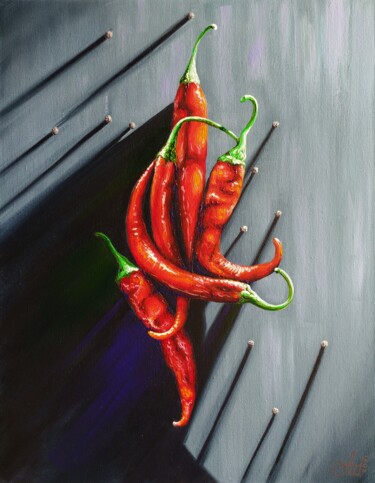 Painting titled "Red Hot Chili Peppe…" by Anna Shabalova, Original Artwork, Oil Mounted on Wood Stretcher frame