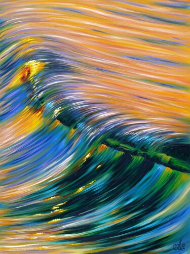 Painting titled "Wave at sunset" by Anna Shabalova, Original Artwork, Oil Mounted on Wood Stretcher frame