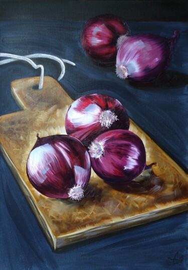 Painting titled "Purple onion" by Anna Shabalova, Original Artwork, Oil Mounted on Wood Stretcher frame