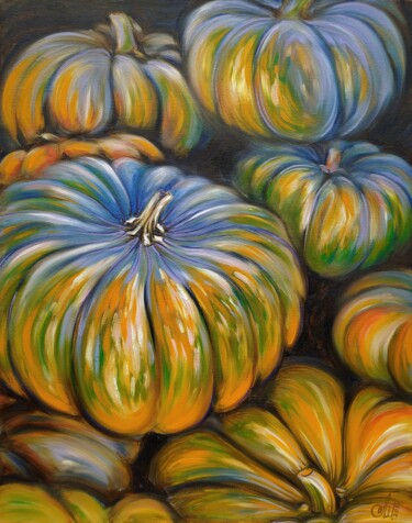 Painting titled "Pumpkins" by Anna Shabalova, Original Artwork, Oil Mounted on Wood Stretcher frame