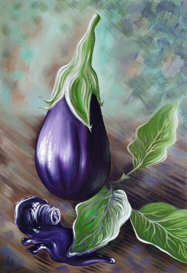 Painting titled "Eggplant and ink" by Anna Shabalova, Original Artwork, Oil Mounted on Wood Stretcher frame